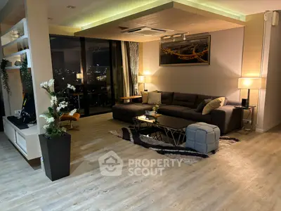 Luxurious modern living room with city view and elegant decor