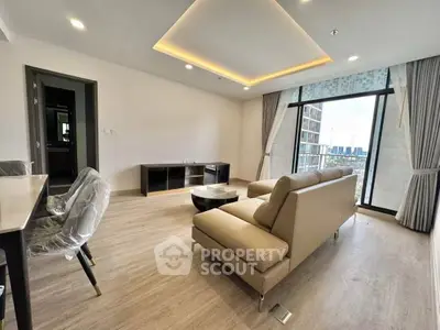 Modern living room with city view and stylish furniture