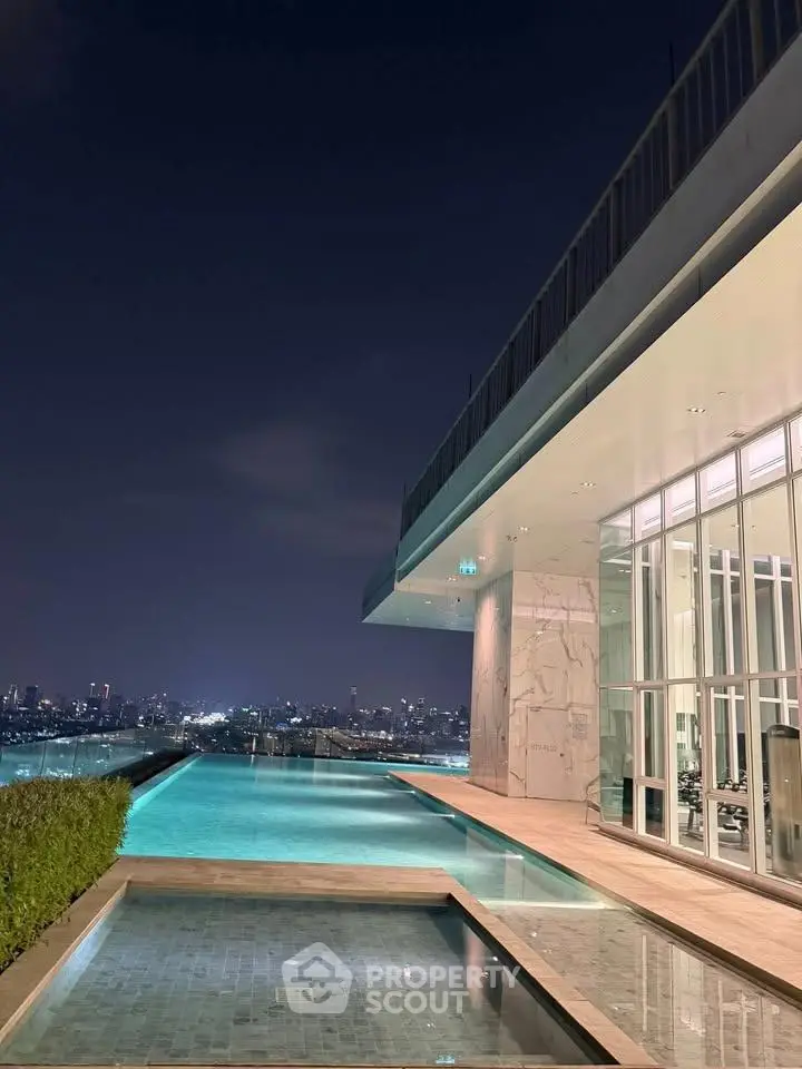 Luxurious rooftop pool with stunning city skyline view at night, perfect for relaxation and entertainment.