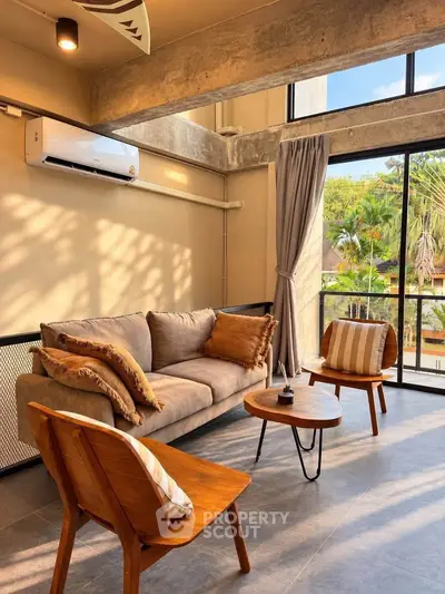 Modern living room with stylish furniture and large windows offering scenic views.