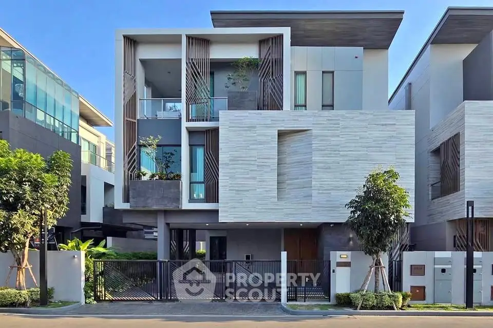 Modern luxury home with sleek architectural design and lush landscaping in a prestigious neighborhood.