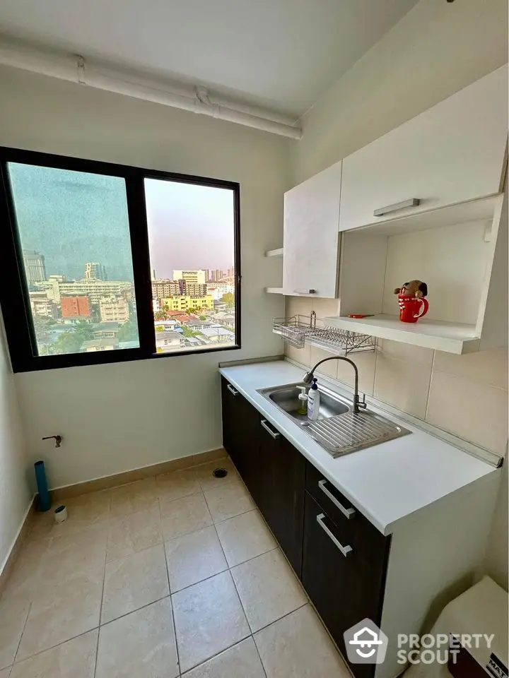 Modern kitchen with city view, sleek cabinetry, and ample natural light.