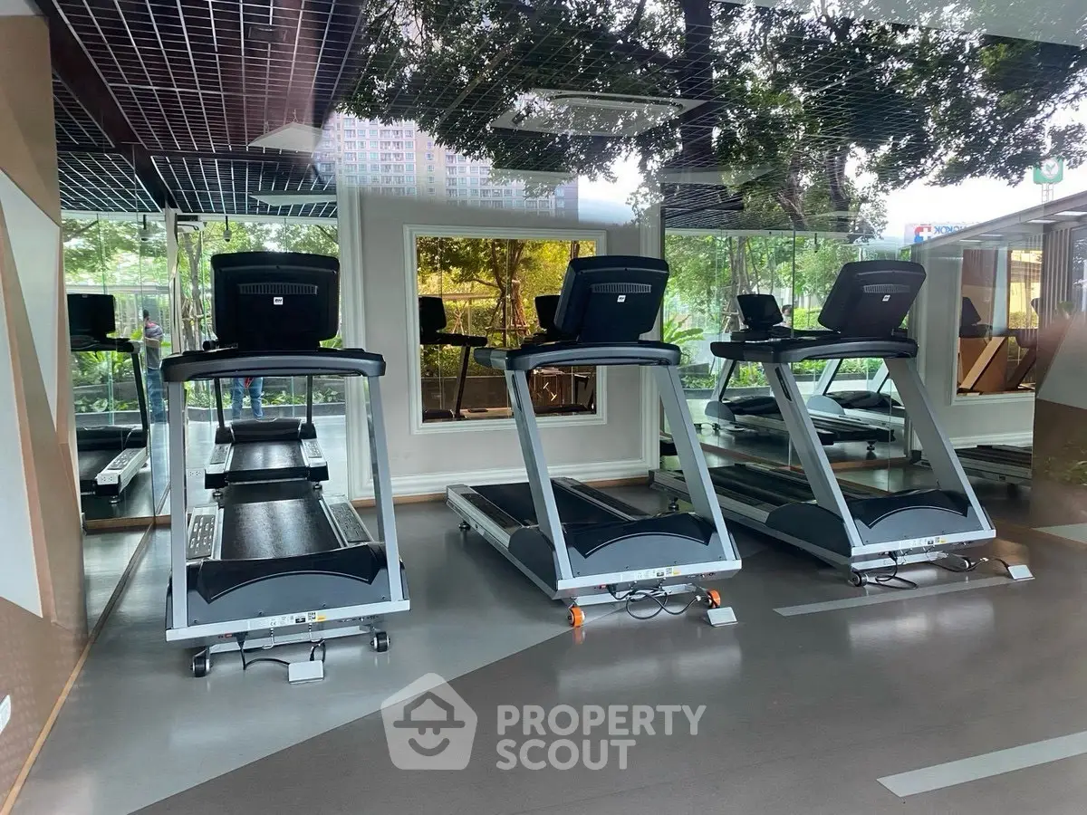 Modern gym with treadmills and large windows overlooking greenery.
