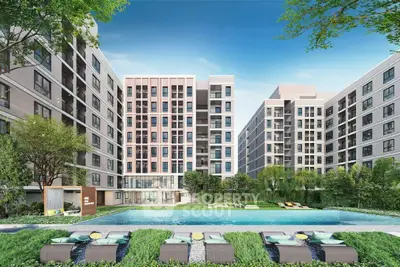 Modern apartment complex with pool and lush greenery