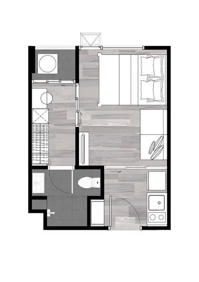 Modern apartment floor plan with bedroom, bathroom, and open kitchen layout.