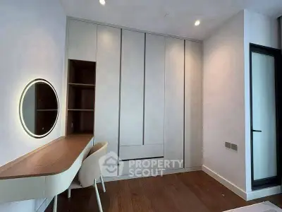 Modern bedroom with sleek built-in wardrobe and stylish vanity desk.