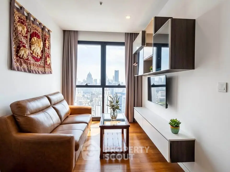 Modern living room with stunning city view, featuring sleek furniture and elegant decor.