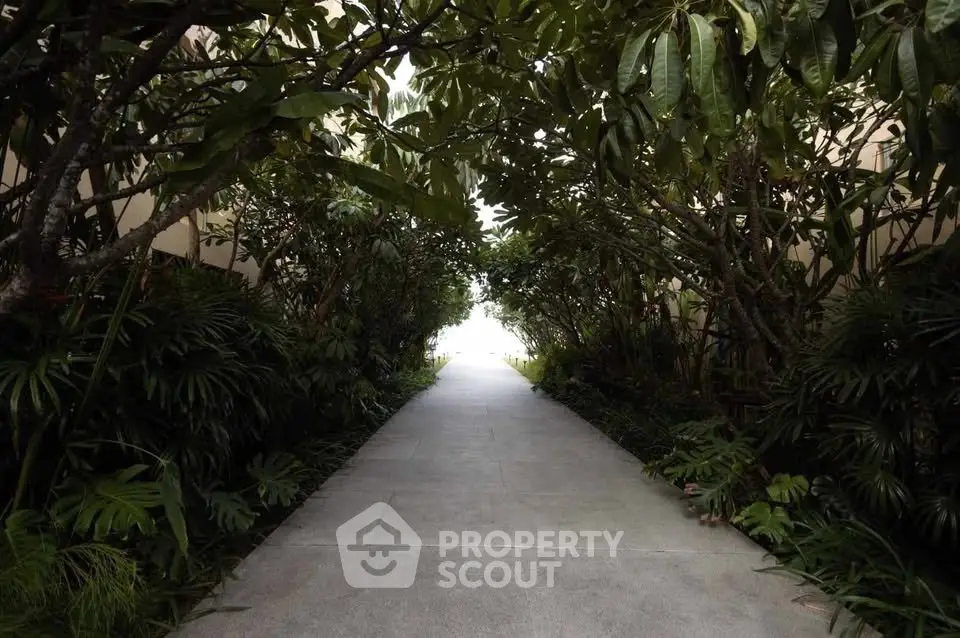 Serene garden pathway with lush greenery leading to a bright open space, perfect for tranquil living.