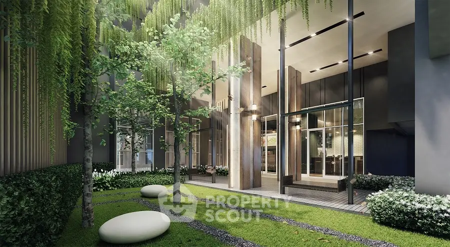 Luxurious modern building entrance with lush greenery and elegant design