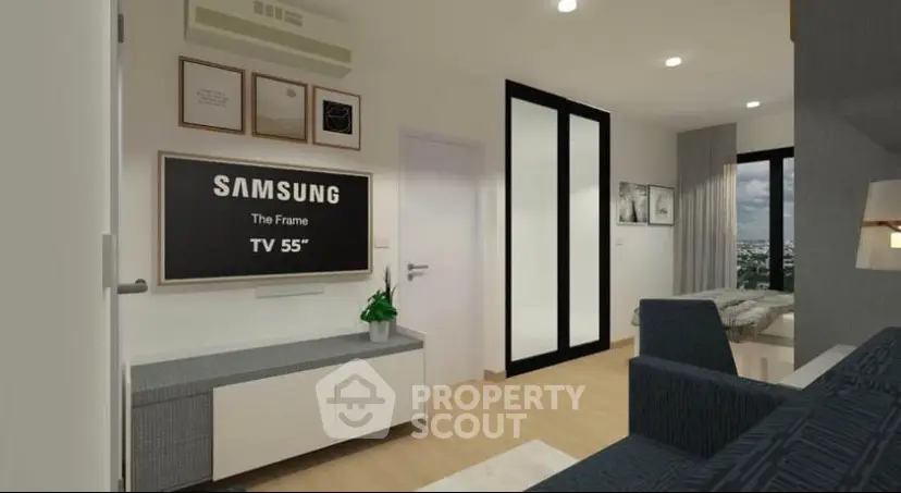 Modern living room with Samsung TV and stylish decor in a cozy apartment setting.