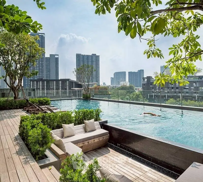 Luxurious rooftop pool with stunning city skyline views and lush greenery.