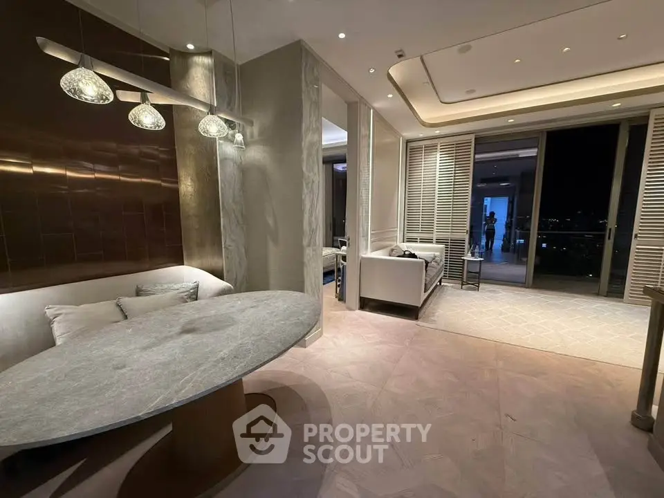 Luxurious modern living room with elegant lighting and spacious layout