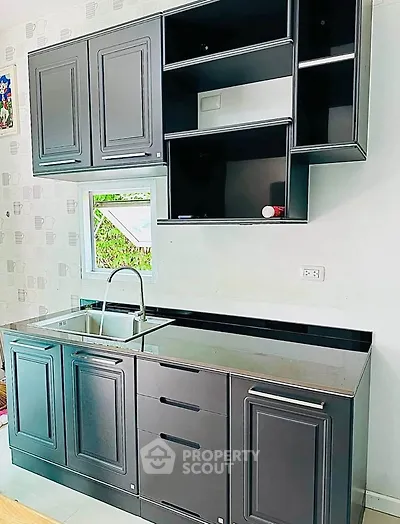 Modern kitchen with sleek black cabinets and stainless steel sink