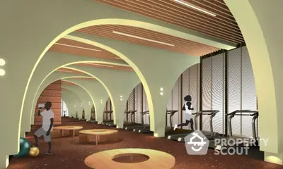 Modern gym interior with treadmills and stylish wooden arches