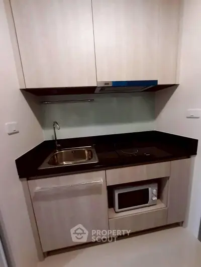 Modern compact kitchen with sleek cabinetry and built-in microwave in a stylish apartment.