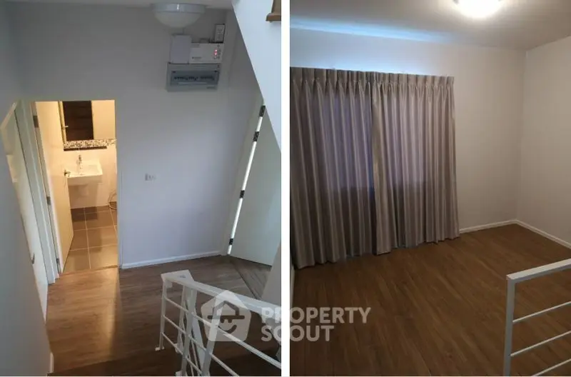 Modern interior with wooden flooring and elegant curtains in a cozy residential space.