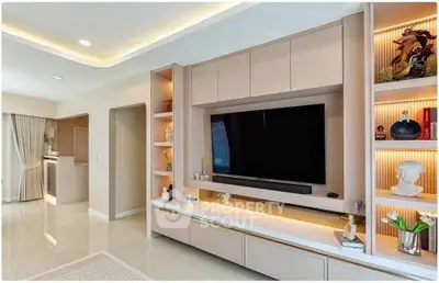 Luxurious modern living room with sleek entertainment center and ambient lighting
