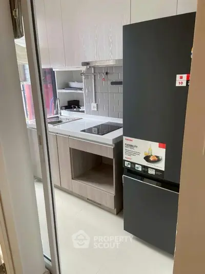 Modern compact kitchen with sleek appliances and stylish cabinetry