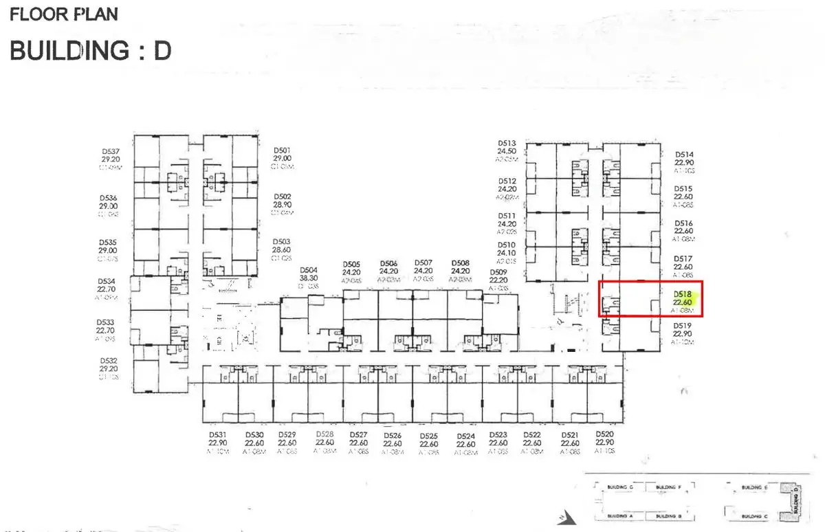 Detailed floor plan of Building D showcasing apartment layouts and unit numbers.