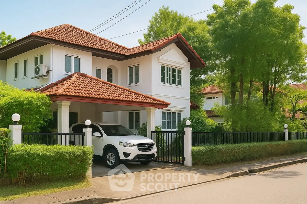 Charming two-story house with red-tiled roof and lush greenery, featuring a spacious driveway and modern design.