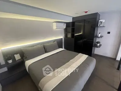Modern bedroom with sleek design, featuring a comfortable bed, built-in storage, and ambient lighting.