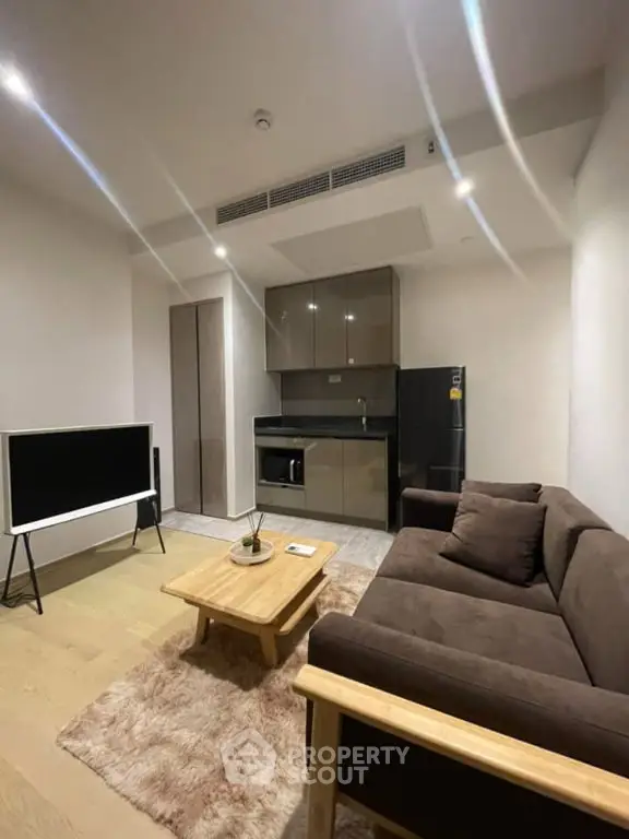 Modern living room with cozy sofa, sleek kitchen, and stylish decor in a compact apartment.