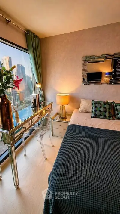 Luxurious bedroom with city view, elegant decor, and stylish furnishings