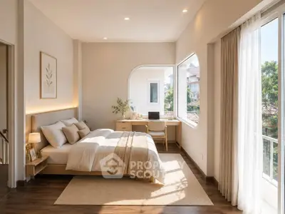 Spacious bedroom with large windows and elegant decor, featuring a cozy bed and a stylish desk area.