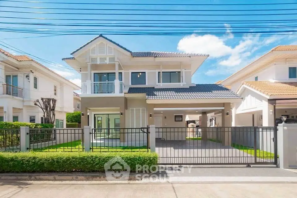 Stunning modern two-story house with spacious driveway and lush green lawn in a serene neighborhood.