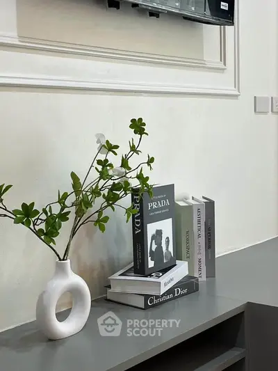 Stylish modern interior with decorative books and vase on sleek console table.