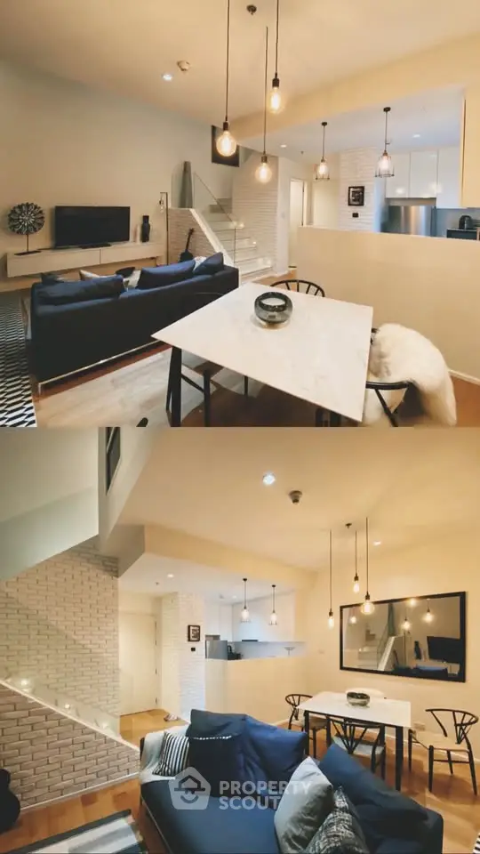 Modern open-plan living room with stylish decor and cozy ambiance