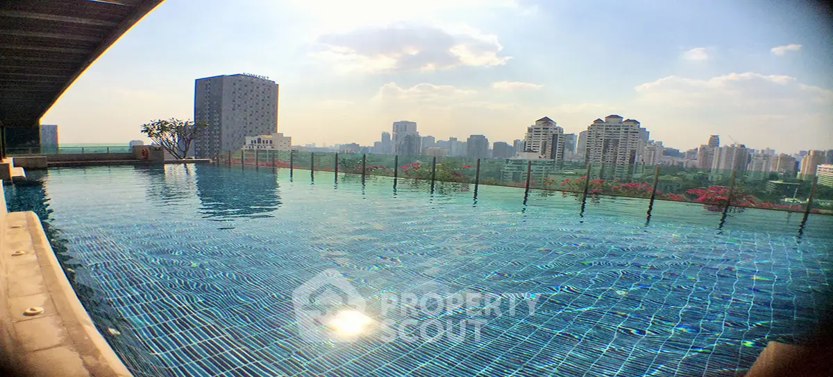 Stunning rooftop pool with panoramic city skyline views, perfect for luxury urban living.