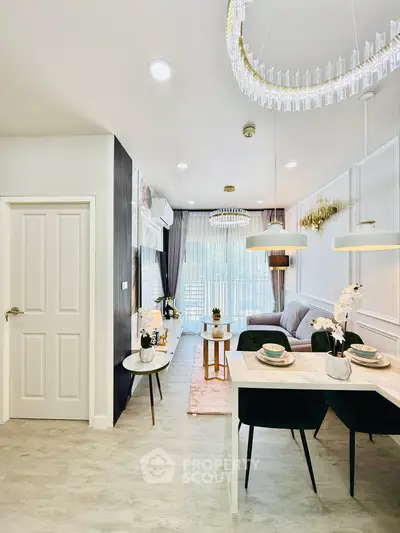 Modern living room with elegant dining area and stylish decor