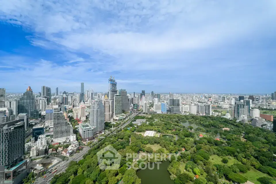 Stunning cityscape view with lush green park and modern skyline, perfect for urban living enthusiasts.