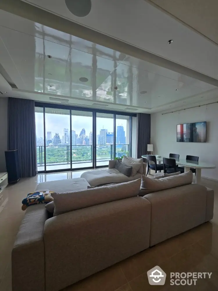 Luxurious living room with panoramic city view and modern furnishings