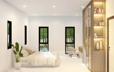 Spacious modern bedroom with large windows and elegant decor