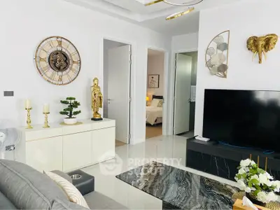 Modern living room with stylish decor and marble coffee table
