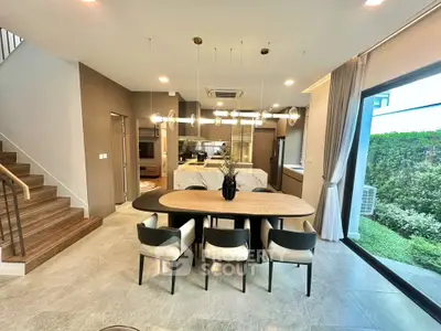 Modern open-plan kitchen and dining area with garden view