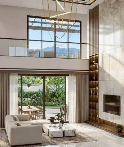 Luxurious modern living room with high ceilings, elegant chandelier, and garden view.