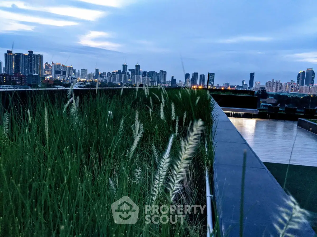 Stunning rooftop view of city skyline at dusk with lush greenery