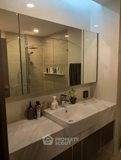 Modern bathroom with elegant marble countertop and large mirror