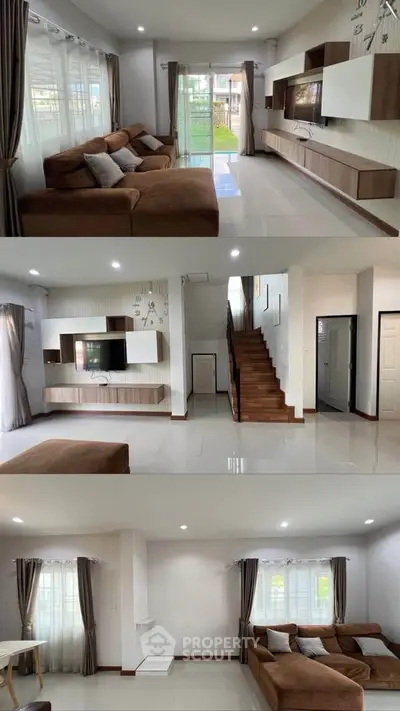 Spacious modern living room with elegant brown sofa and large windows, perfect for family gatherings.