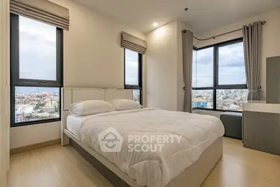 Modern bedroom with city view and large windows