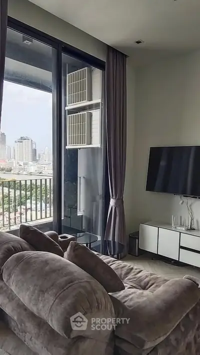 Modern living room with city view and stylish decor