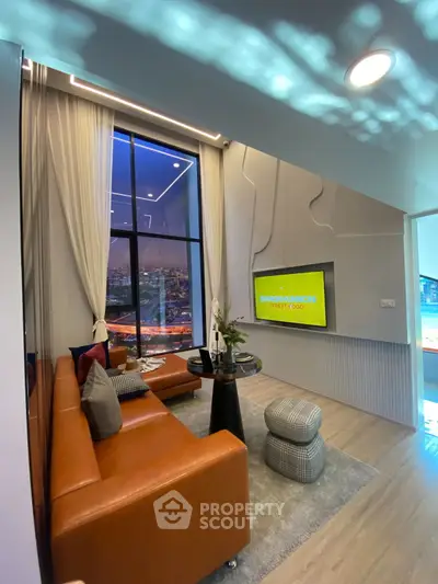 Modern living room with high ceilings and city view, featuring stylish furniture and elegant decor.