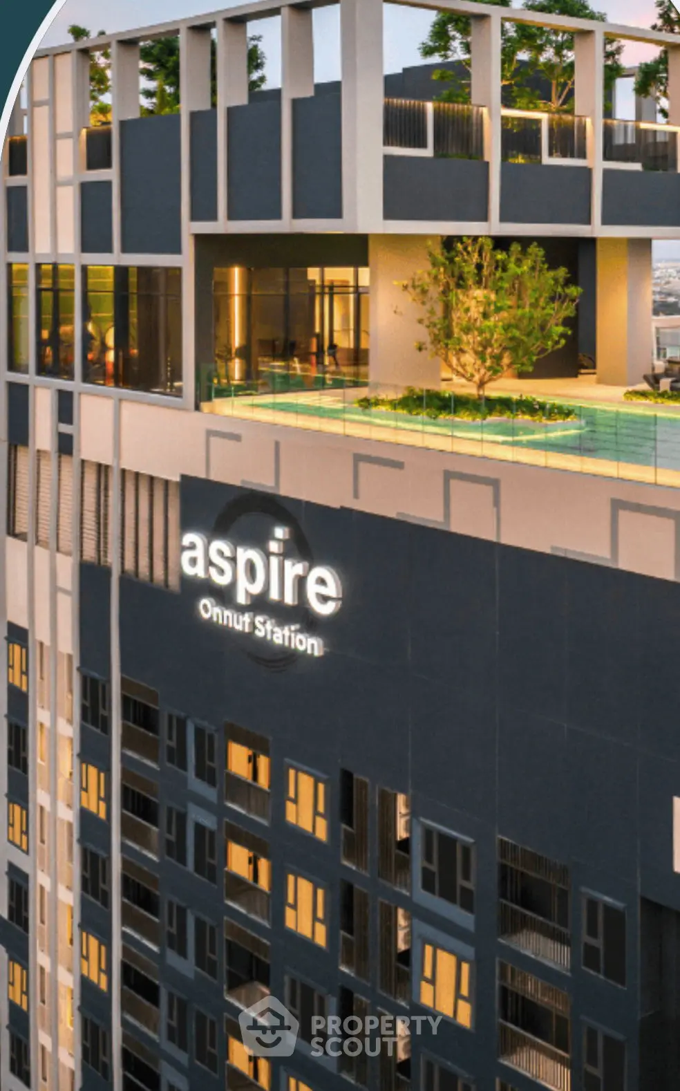 Modern high-rise building with rooftop garden and pool at Aspire Onnut Station.
