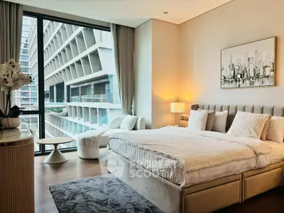 Luxurious bedroom with modern decor and stunning city view through large window.