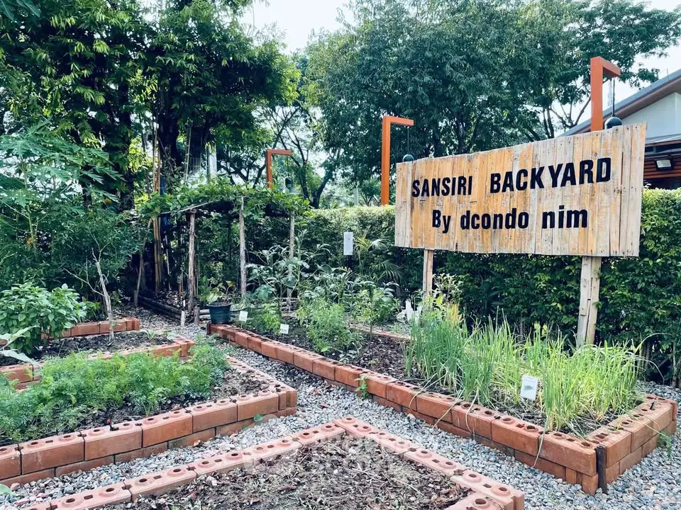 Charming community garden with lush greenery and rustic signage at Sansiri Backyard by Dcondo Nim.