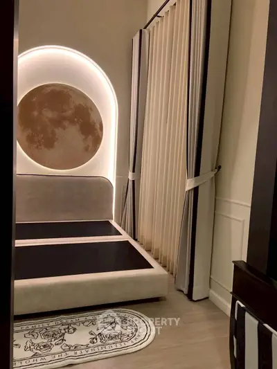 Luxurious bedroom with modern design and elegant lighting