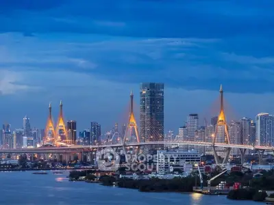 Stunning cityscape view with illuminated bridge and modern skyline at dusk.